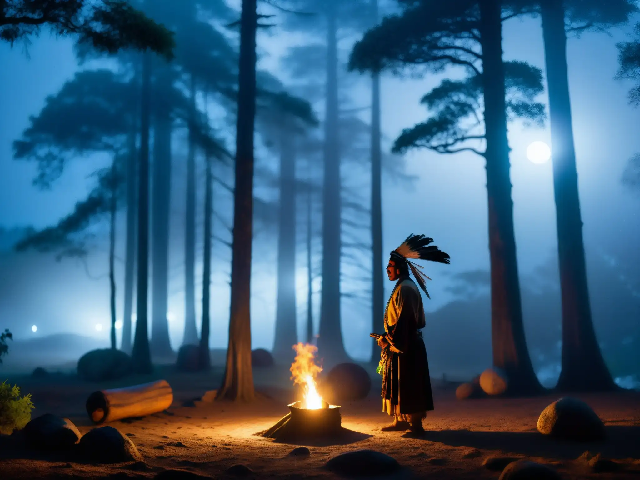 Un chamán realiza un ritual en un bosque iluminado por la luna, capturando la esencia de Nahualismo en leyendas indígenas mexicanas