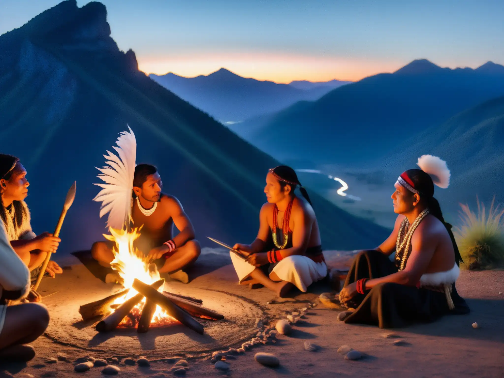 Un chamán realiza un ritual junto al fuego en la noche, rodeado de indígenas y un paisaje montañoso