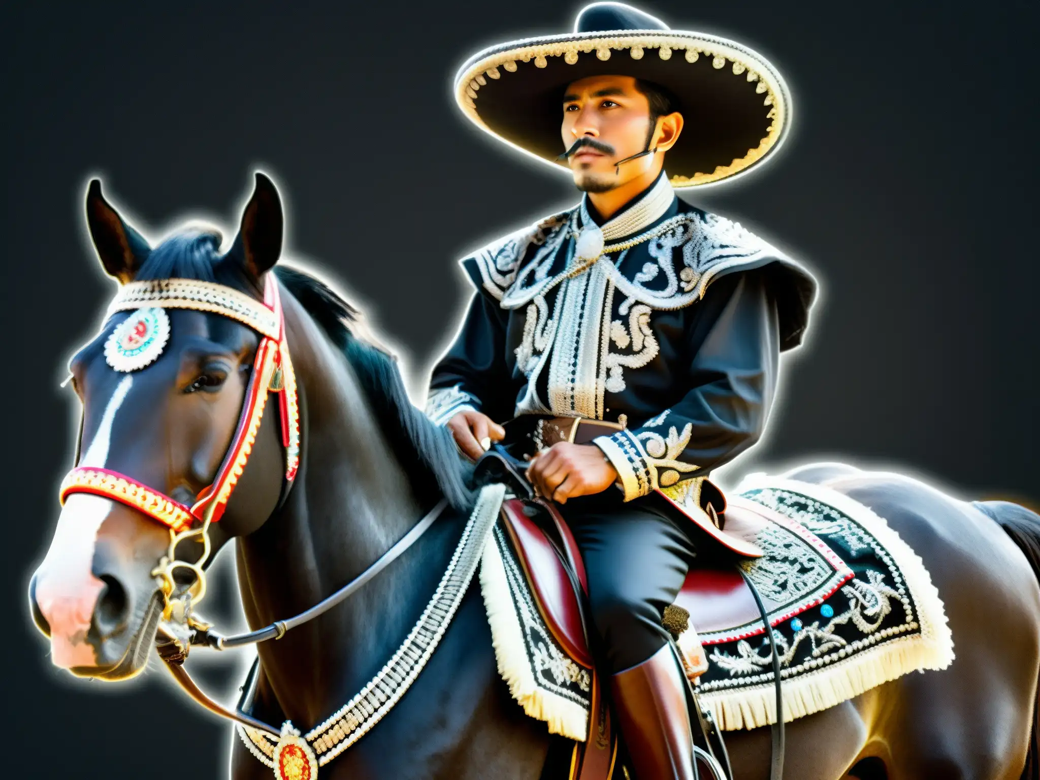 Un charro mexicano en un caballo negro, con atuendo plateado, evoca el misterio del Charro Negro