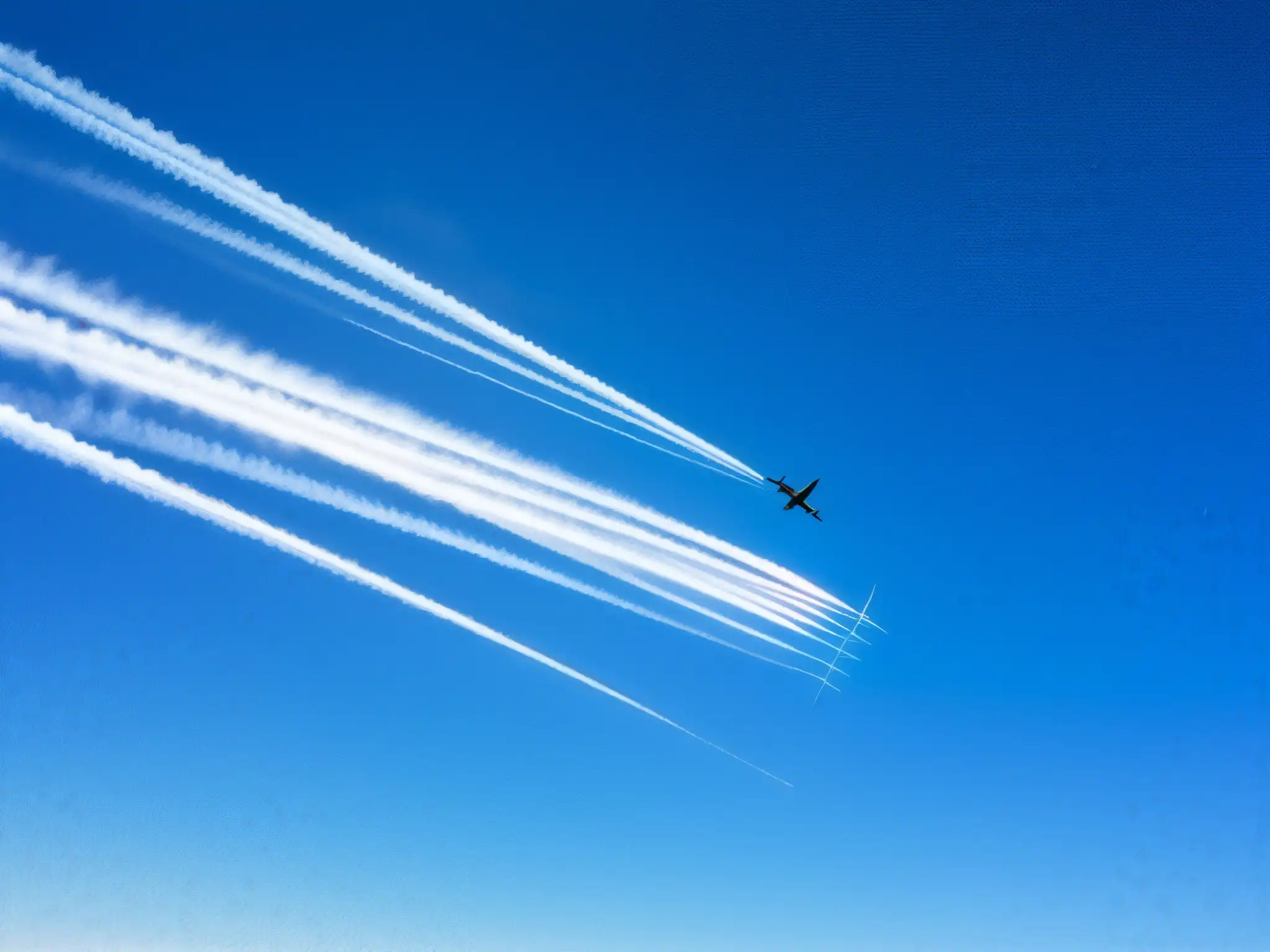 Un cielo azul claro con rastros de aviones entrecruzados, creando un espectáculo de colores y patrones