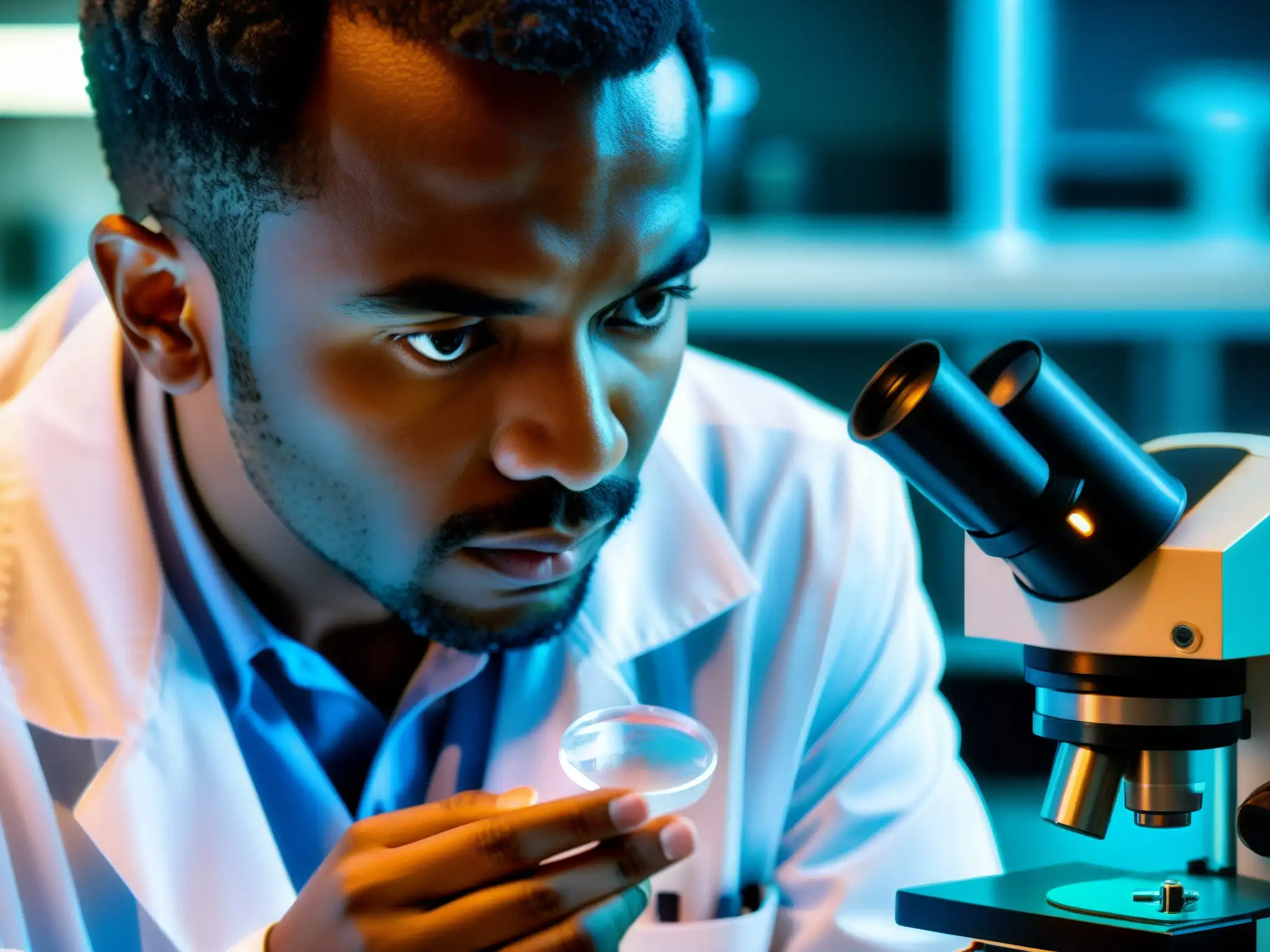 Un científico examina detenidamente el virus del VIH en un laboratorio, destacando la importancia de la investigación sobre el origen del virus