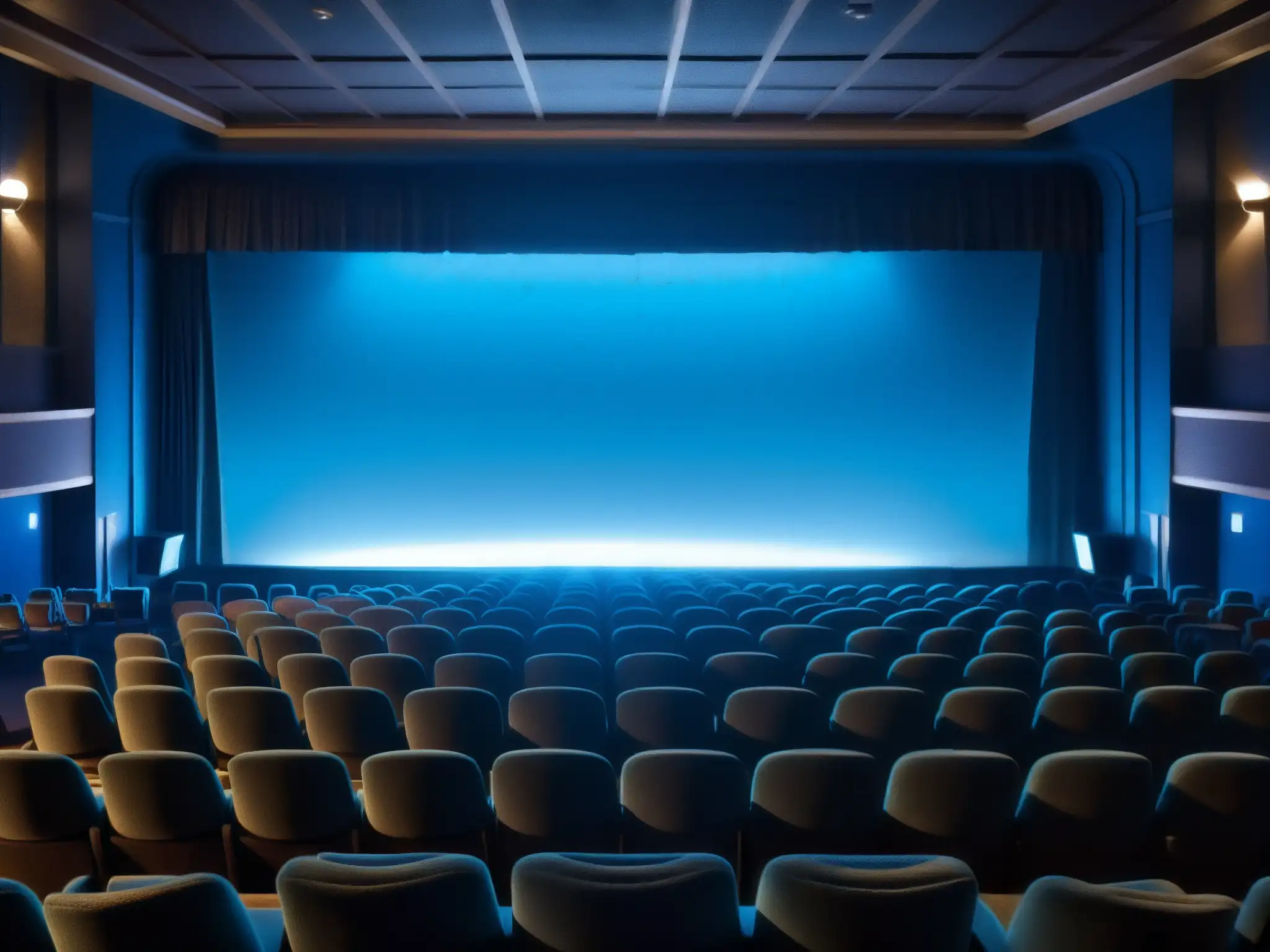 Un cine oscuro con filas de asientos vacíos, la pantalla iluminada con luz azul, mostrando una figura misteriosa en un escenario urbano