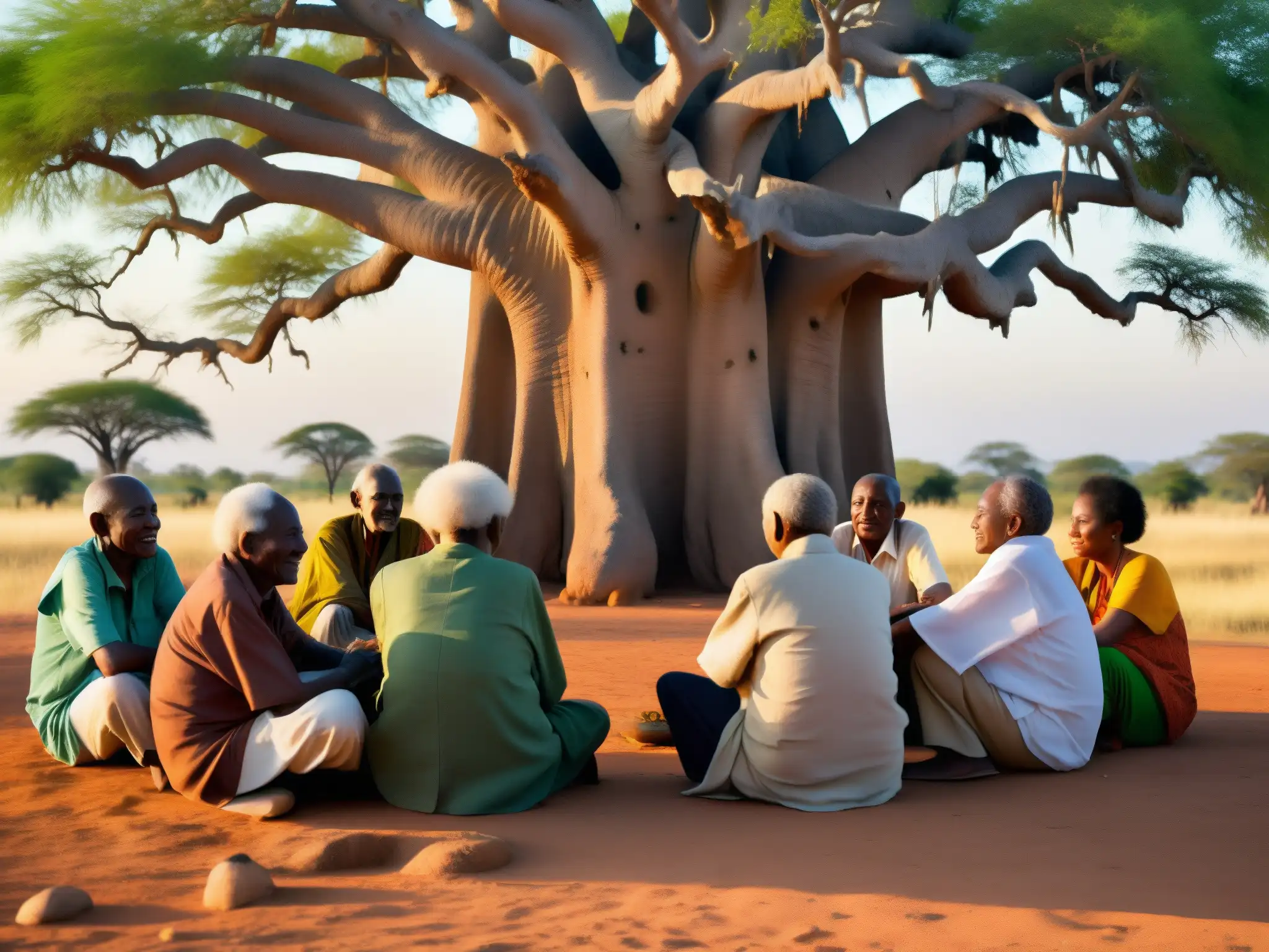 Un círculo de ancianos bajo el baobab, compartiendo historias y sabiduría al atardecer en Togo, junto a la deidad ancestral Nana Buluku
