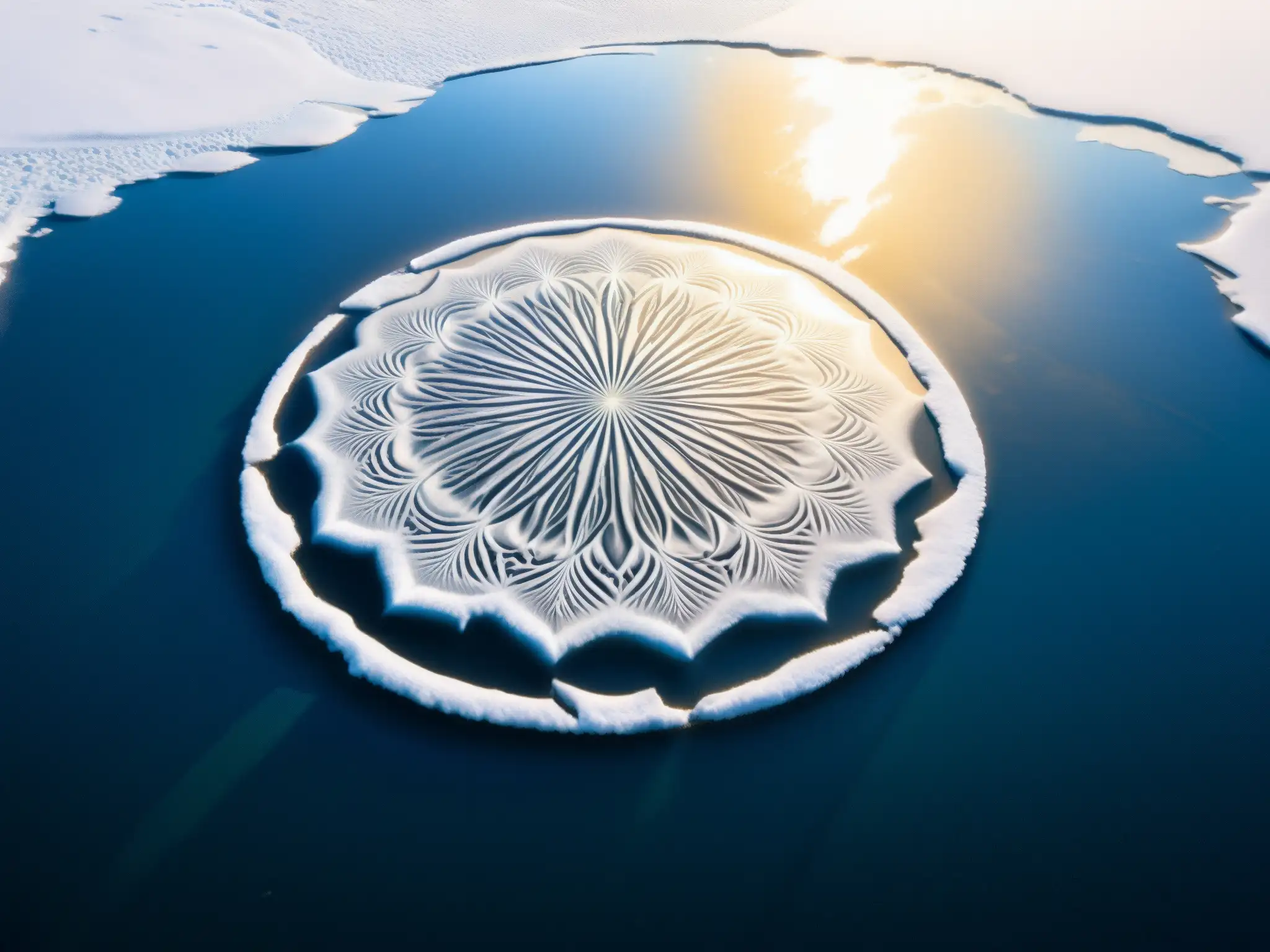 Un círculo de hielo flotando en un río, con patrones detallados y luz reflejada