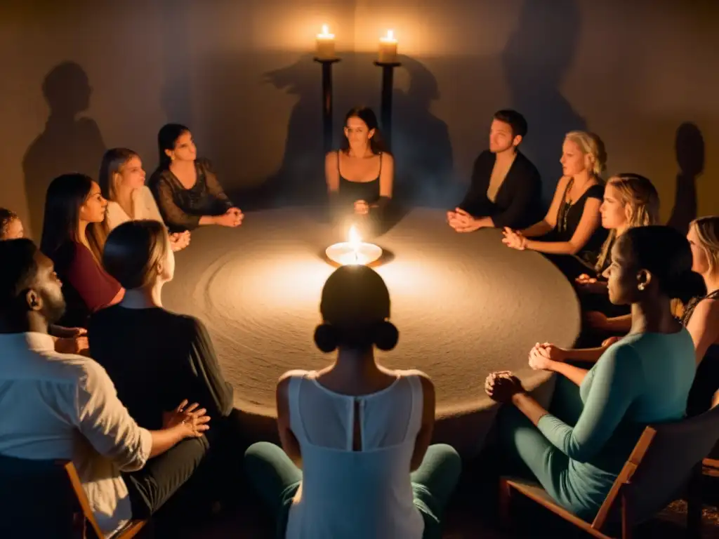 Un círculo de personas se reúne en una habitación tenue, rodeado de velas, intentando comunicarse con espíritus en historias urbanas