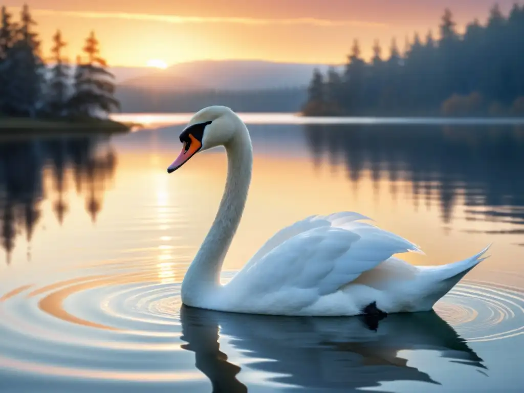Un cisne majestuoso en un lago nórdico, su elegante forma y plumaje reflejan la belleza eterna