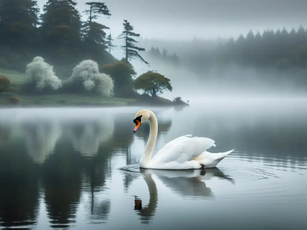 Un cisne solitario canta en un lago neblinoso, evocando la melancolía de la cultura nórdica