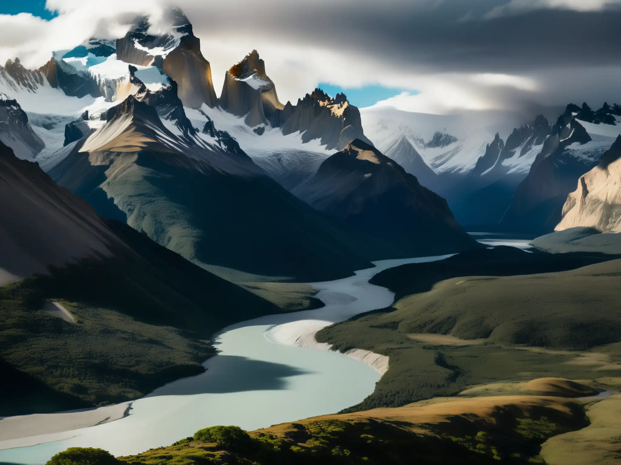 La Ciudad de los Césares Patagonia: Impresionante paisaje de montañas nevadas, llanuras ventosas y río glacial en Patagonia