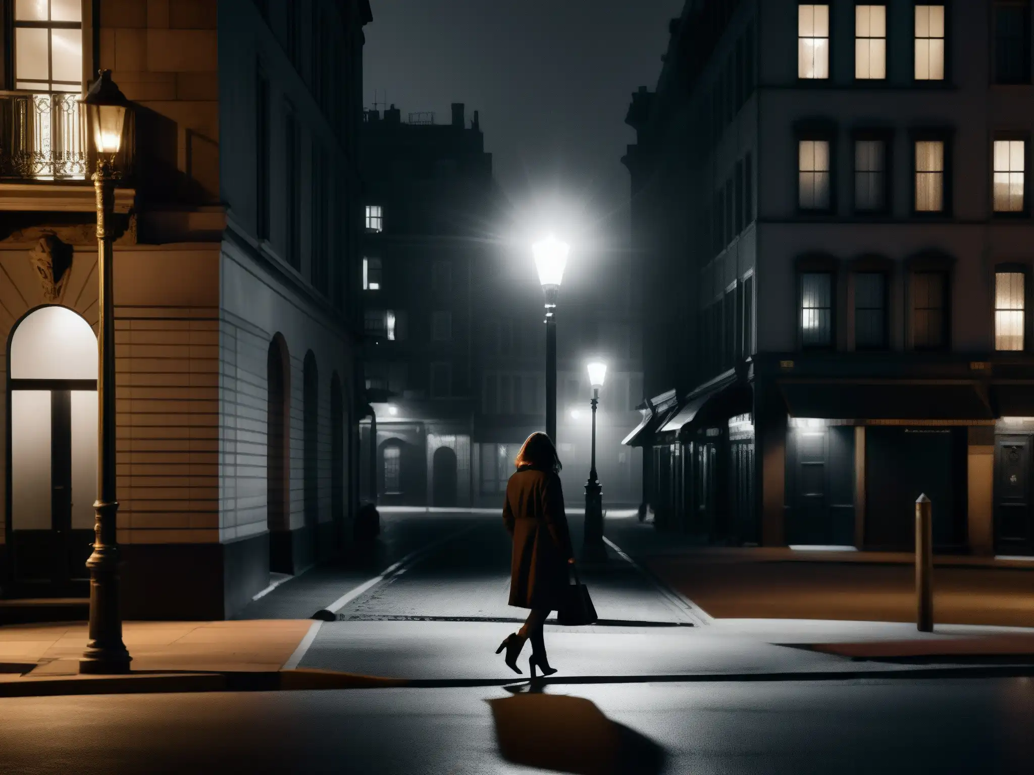 Una ciudad desolada de noche con una figura solitaria bajo la luz parpadeante de una farola