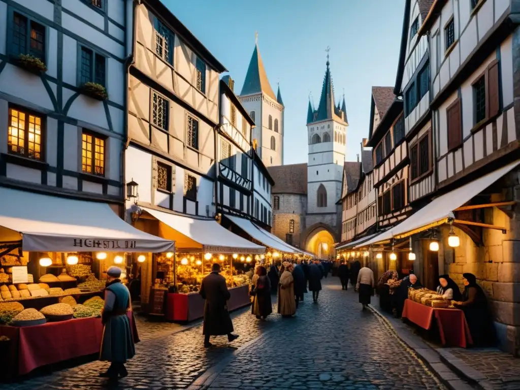 Una ciudad medieval de calles empedradas, edificios imponentes y bulliciosos puestos de mercado