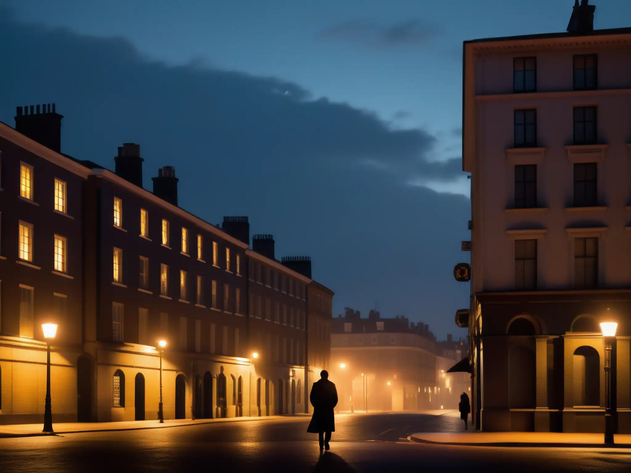 Un rincón de ciudad en penumbra, con una figura solitaria bajo la luz titilante de una farola