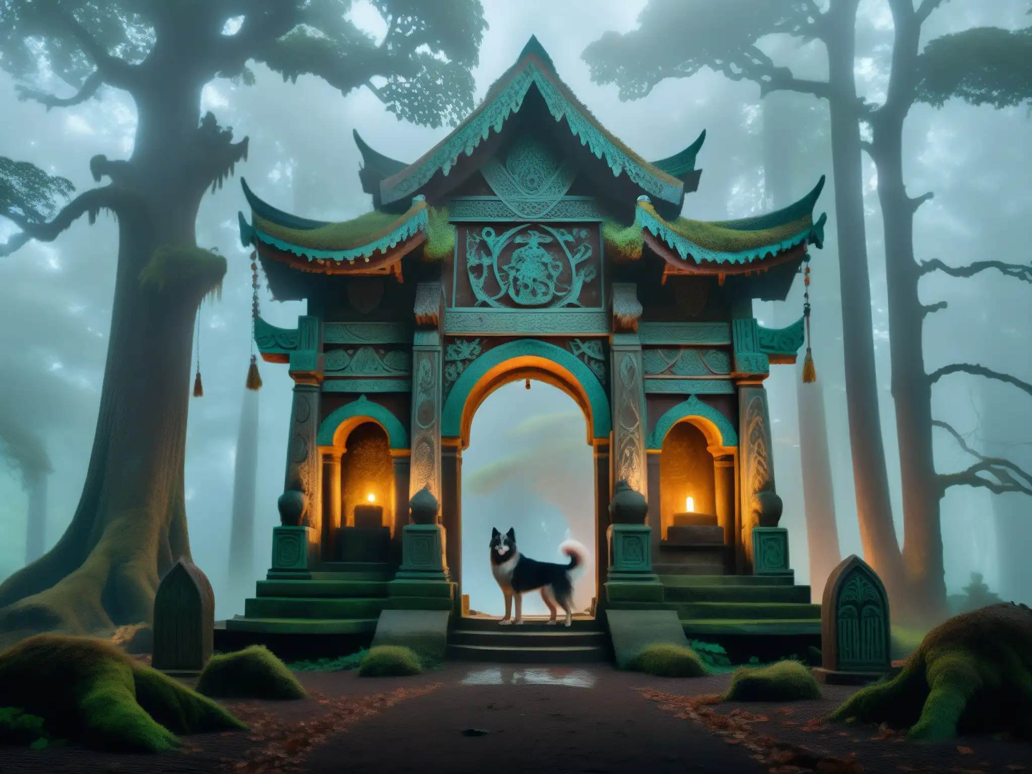 En un claro del bosque brumoso, perros espíritus Inugami protegen un antiguo santuario en la leyenda