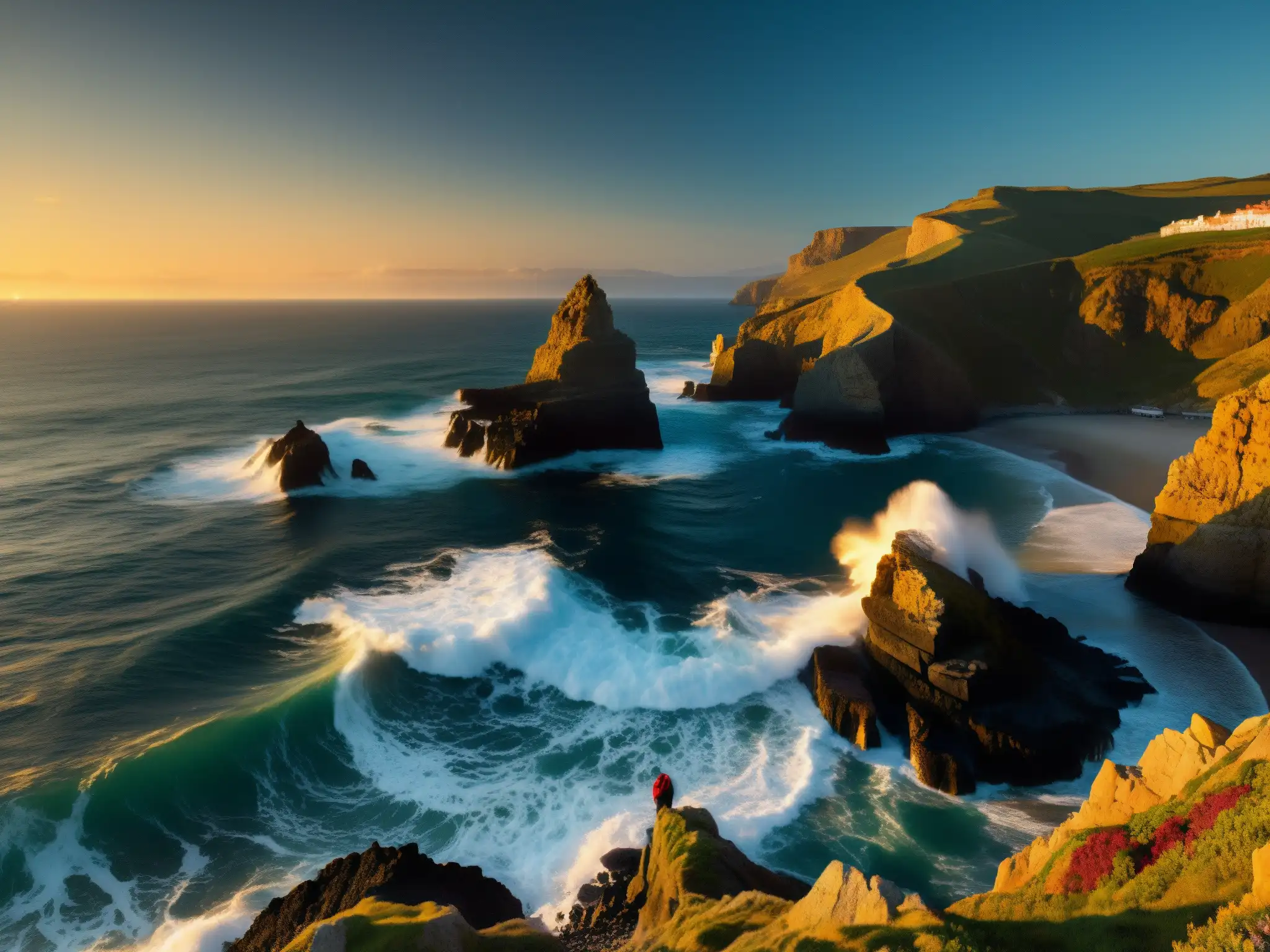 Cliffs y mar agitado en Liérganes, España, con silueta misteriosa emergiendo de las olas al atardecer, evocando el enigmático Hombre Pez