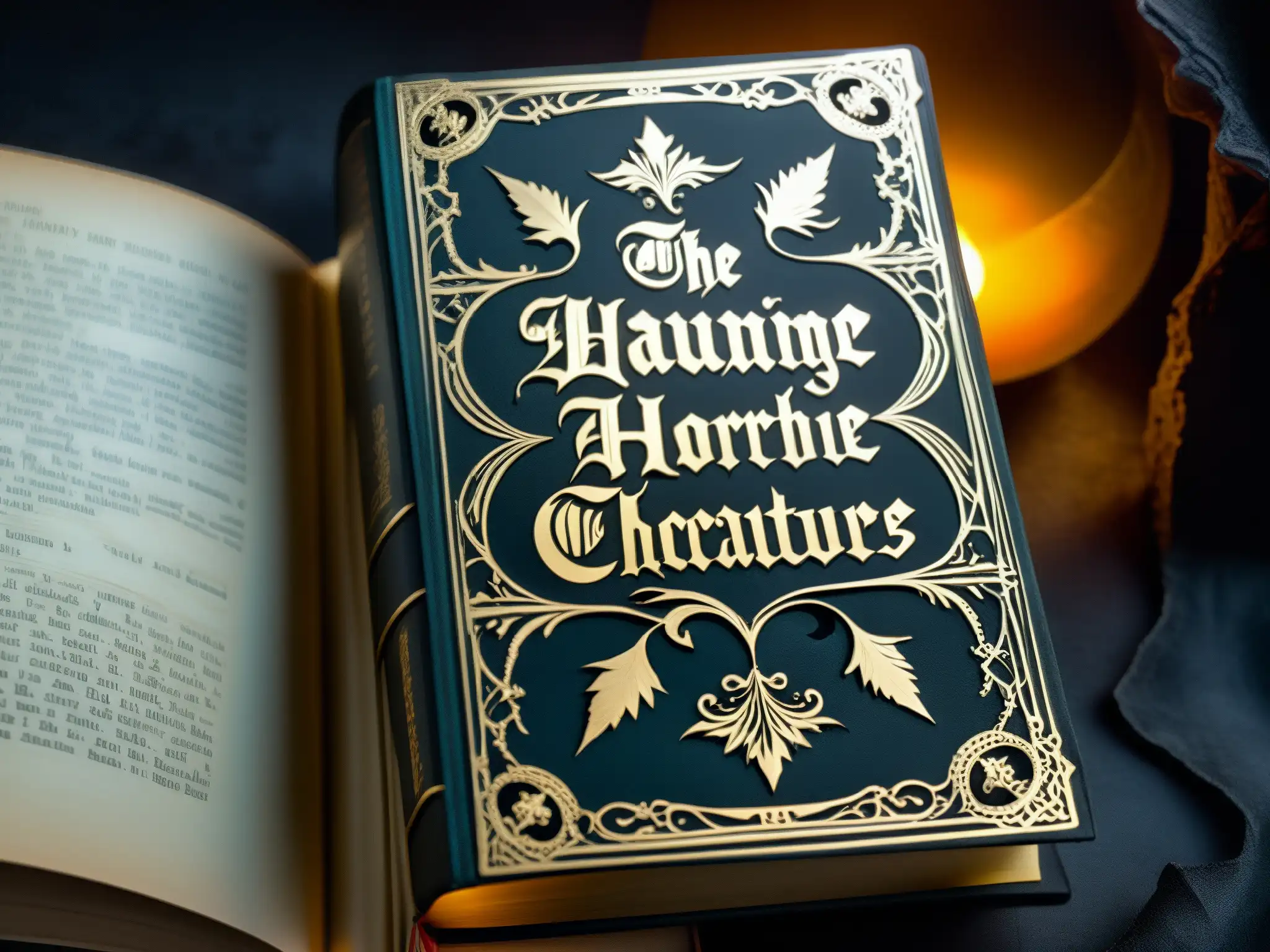 Closeup de un antiguo libro gótico con bordes desgastados y diseño en relieve, iluminado por un foco tenue, evocando la fascinación por el horror y la psicología de su atracción