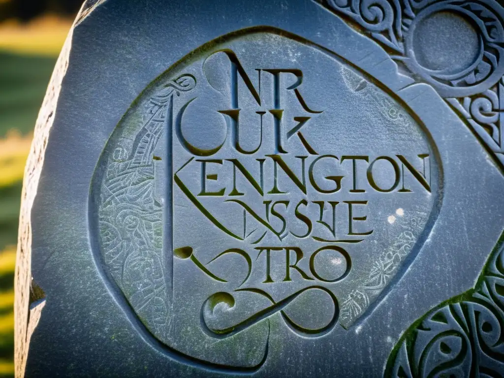 Closeup de las escrituras nórdicas y patrones detallados en la misteriosa Runestone de Kensington