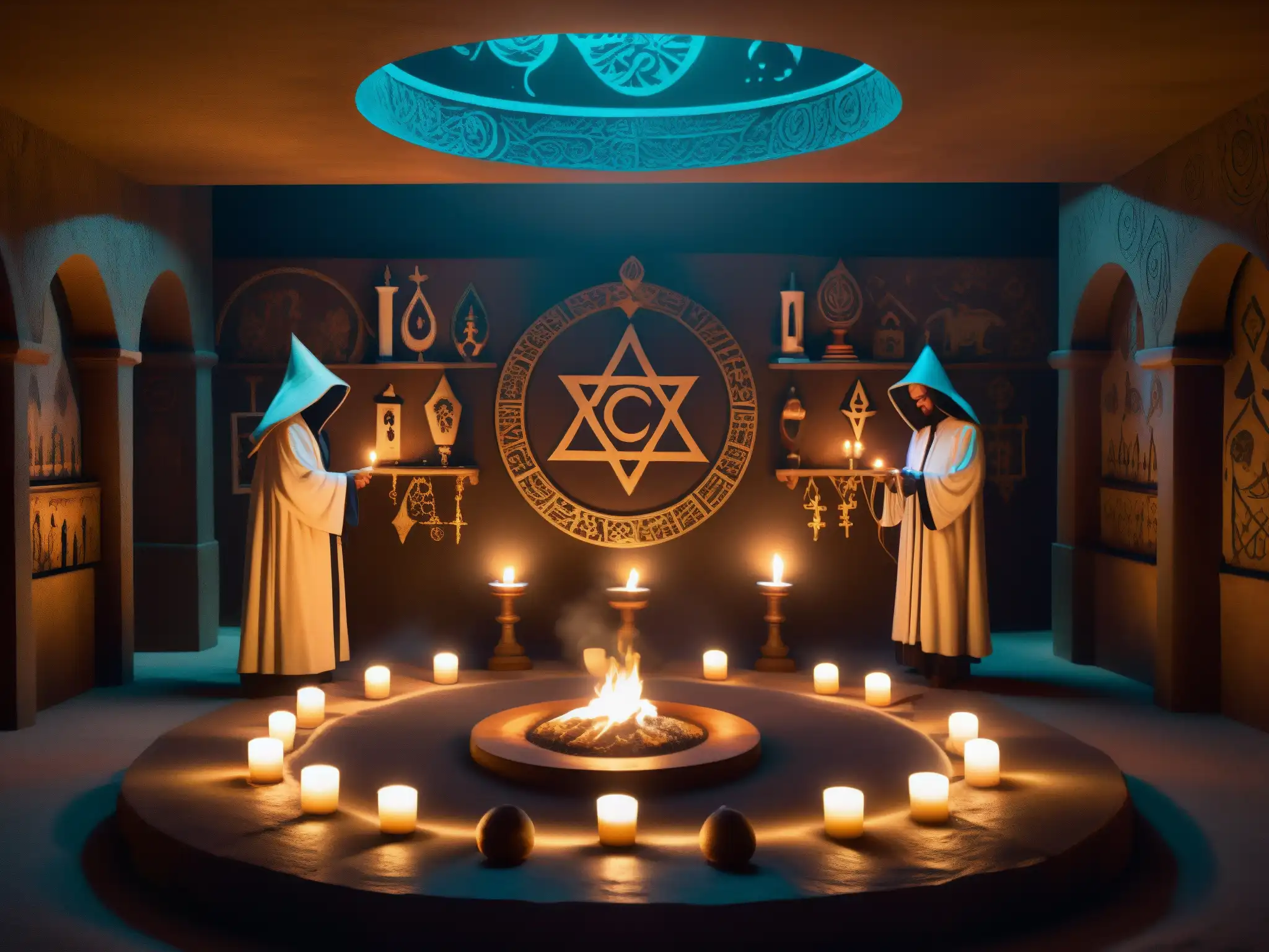 Un club bohemio envuelto en misterio: figuras encapuchadas realizan rituales secretos alrededor de un altar brillante, entre símbolos ocultos y velas