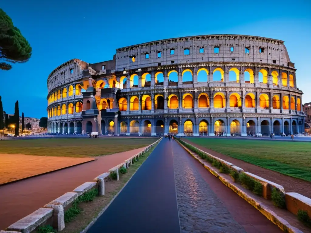 El Coliseo de Roma iluminado por la noche con una atmósfera mágica, capturando la esencia de mitos y leyendas urbanas en Roma