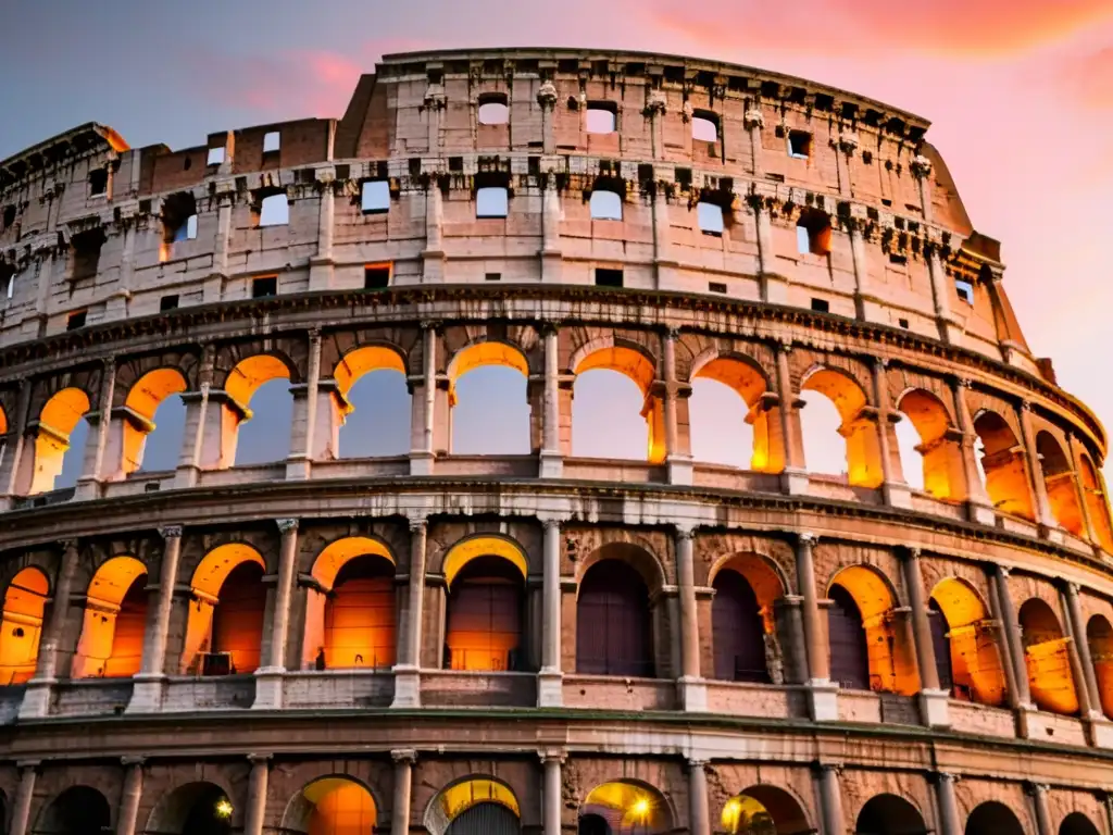 El Coliseo Romano al atardecer, con una majestuosa estructura iluminada por el cálido sol dorado, evocando mitos y leyendas urbanas Roma
