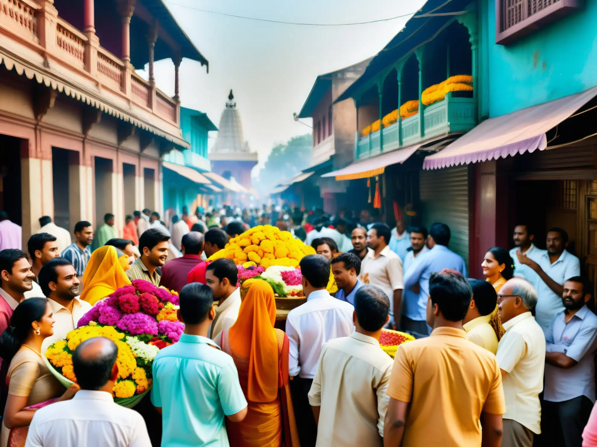 Colorida calle india con personas en rituales religiosos, apariciones de deidades hinduismo y arquitectura detallada