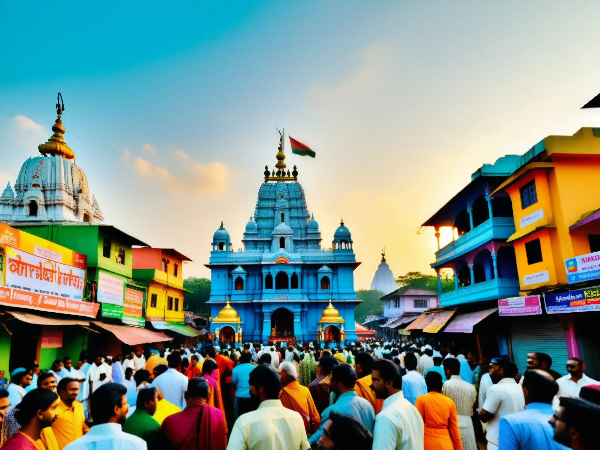 Colorida escena callejera en Mehendipur Balaji con el templo icónico de fondo