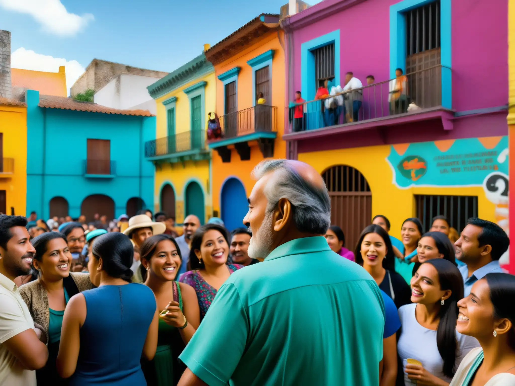 Coloridas leyendas urbanas presidentes América Latina cobran vida en una bulliciosa calle llena de arte callejero y un cuentacuentos cautivador