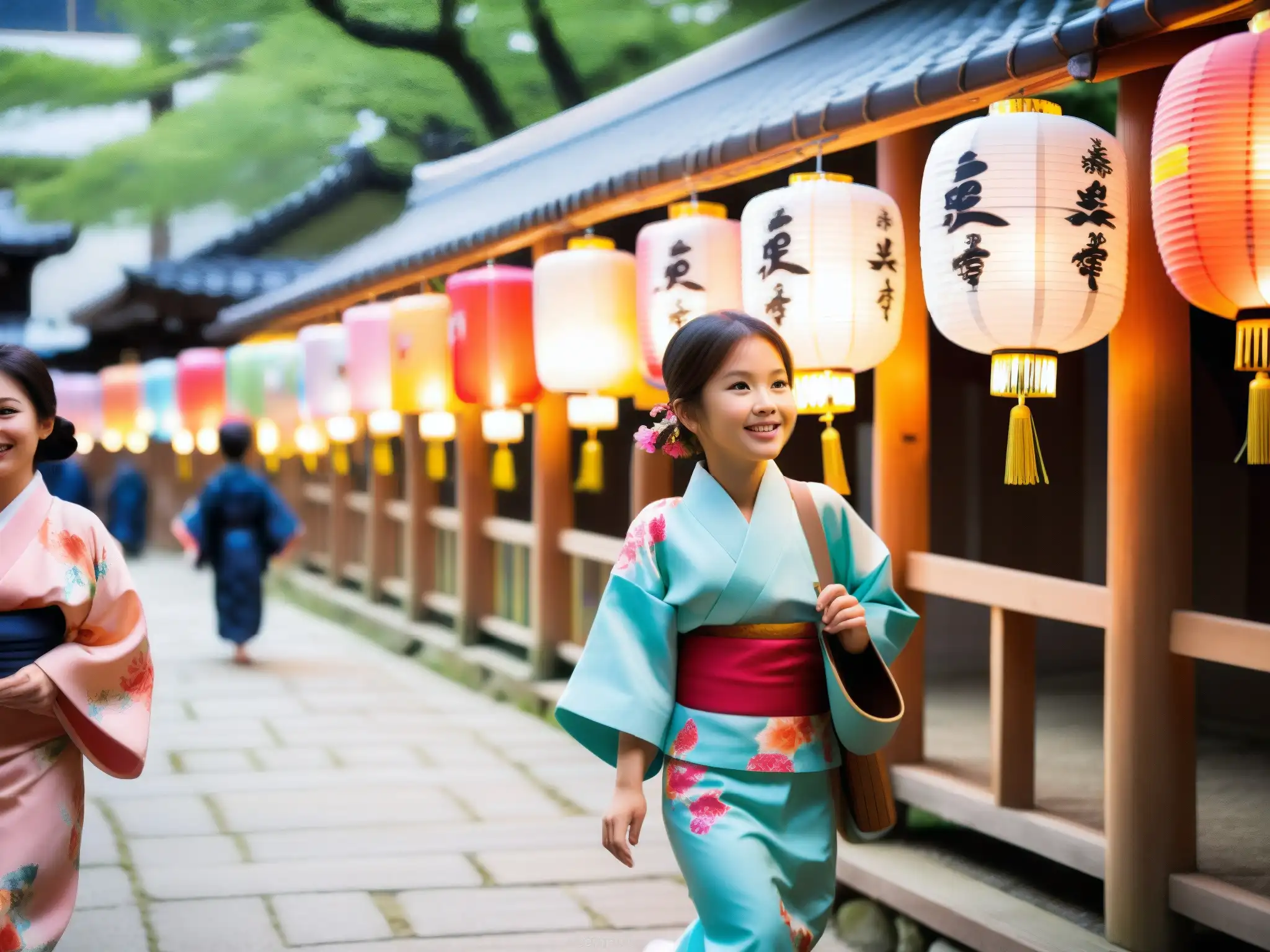 Colorido festival japonés con faroles de papel, kimonos, y taiko