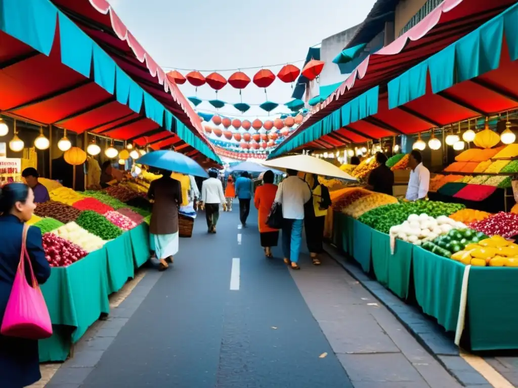 Colorido mercado callejero donde sincretismo de creencias tradicionales se fusiona con la vida urbana multicultural