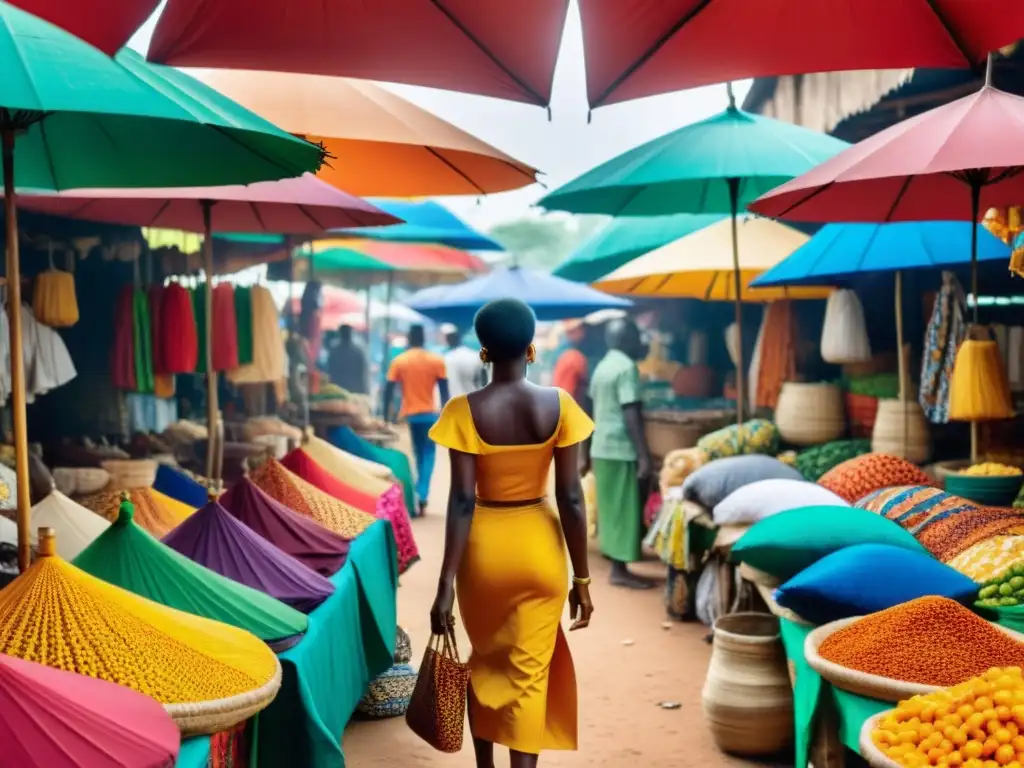 Colorido mercado en Togo con tejidos, joyería artesanal y artesanías bajo sombrillas vibrantes