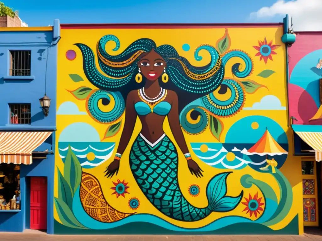 Colorido mural de Sirena Mami Wata en estilo ghanés, con detalles y símbolos, contrastando con la vida urbana