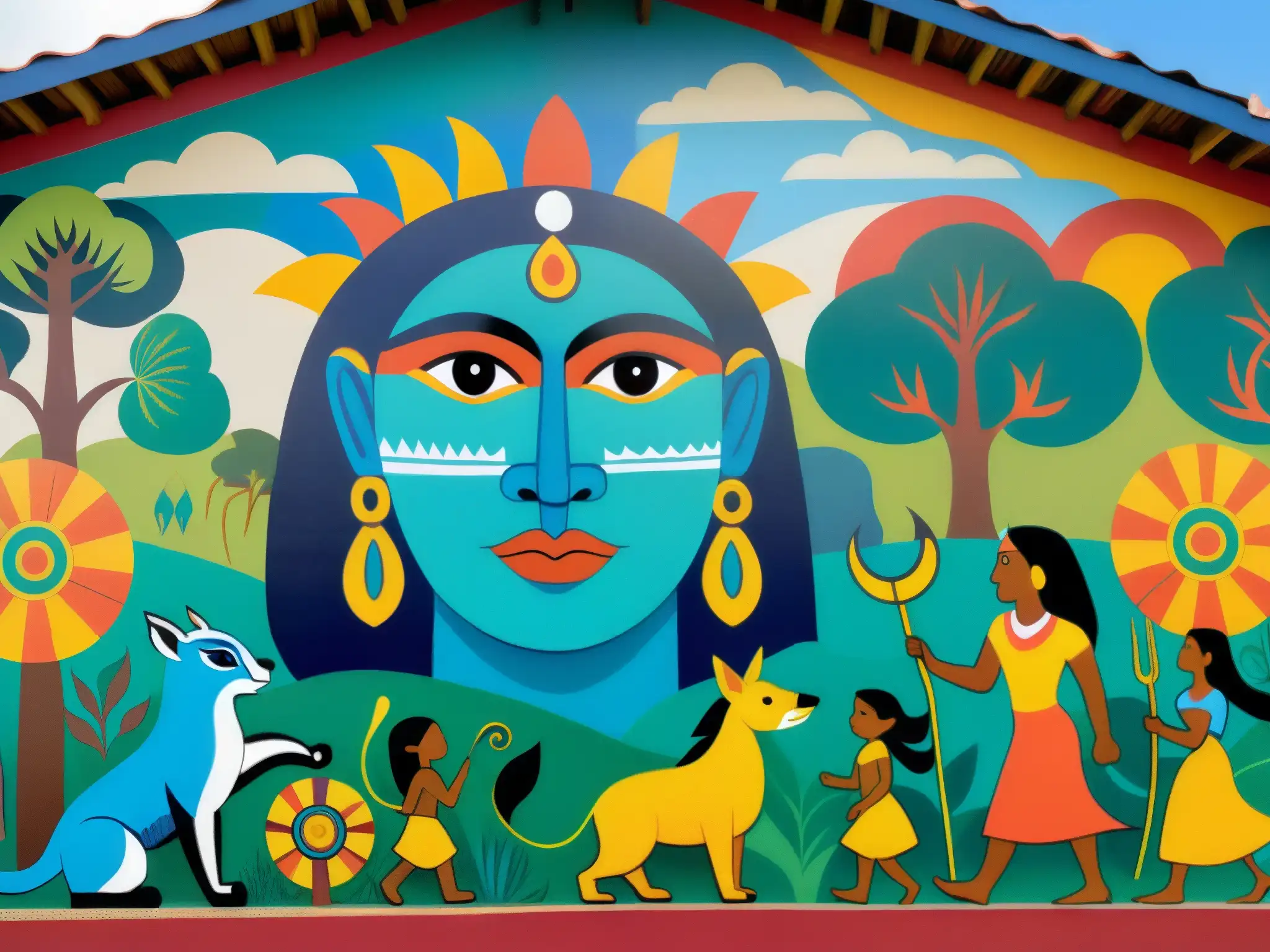 Colorido mural de la mitología guaraní, muestra la creación con dioses y criaturas míticas