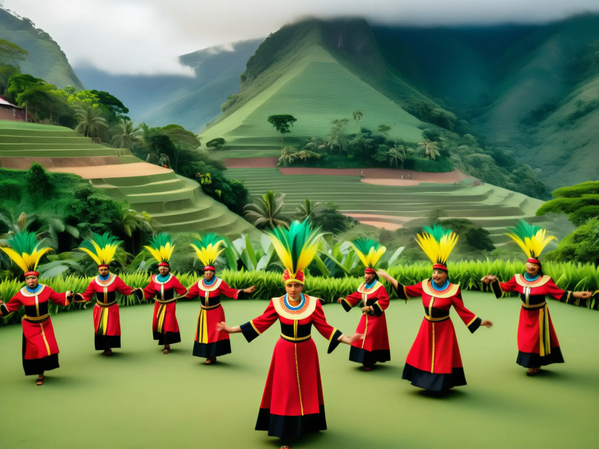 Colorido ritual de El Ánima de Taguapire en Venezuela, con vibrantes trajes y paisaje exuberante