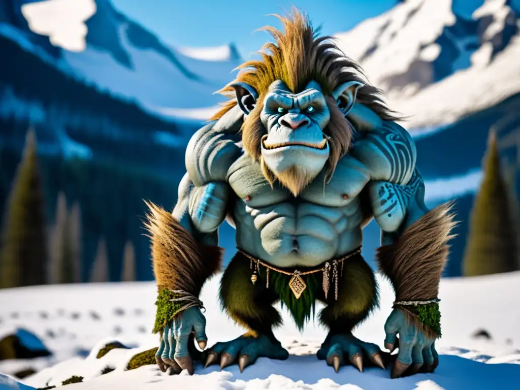 Un colosal troll, con piel cubierta de musgo y ojos azules penetrantes, enfrenta su antigua maldición en un paisaje nevado