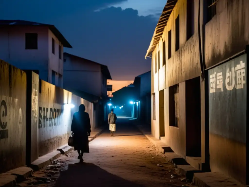 Conspiraciones y apariciones en Bangui: misteriosas figuras bajo la luz de la calle en un callejón sombrío con grafitis