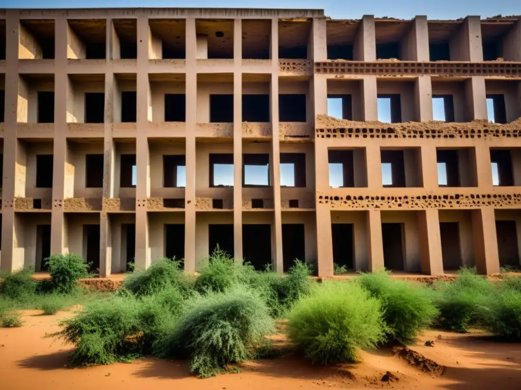 Una construcción abandonada en Niamey con texturas detalladas, juego de luz y sombra, y vegetación exuberante
