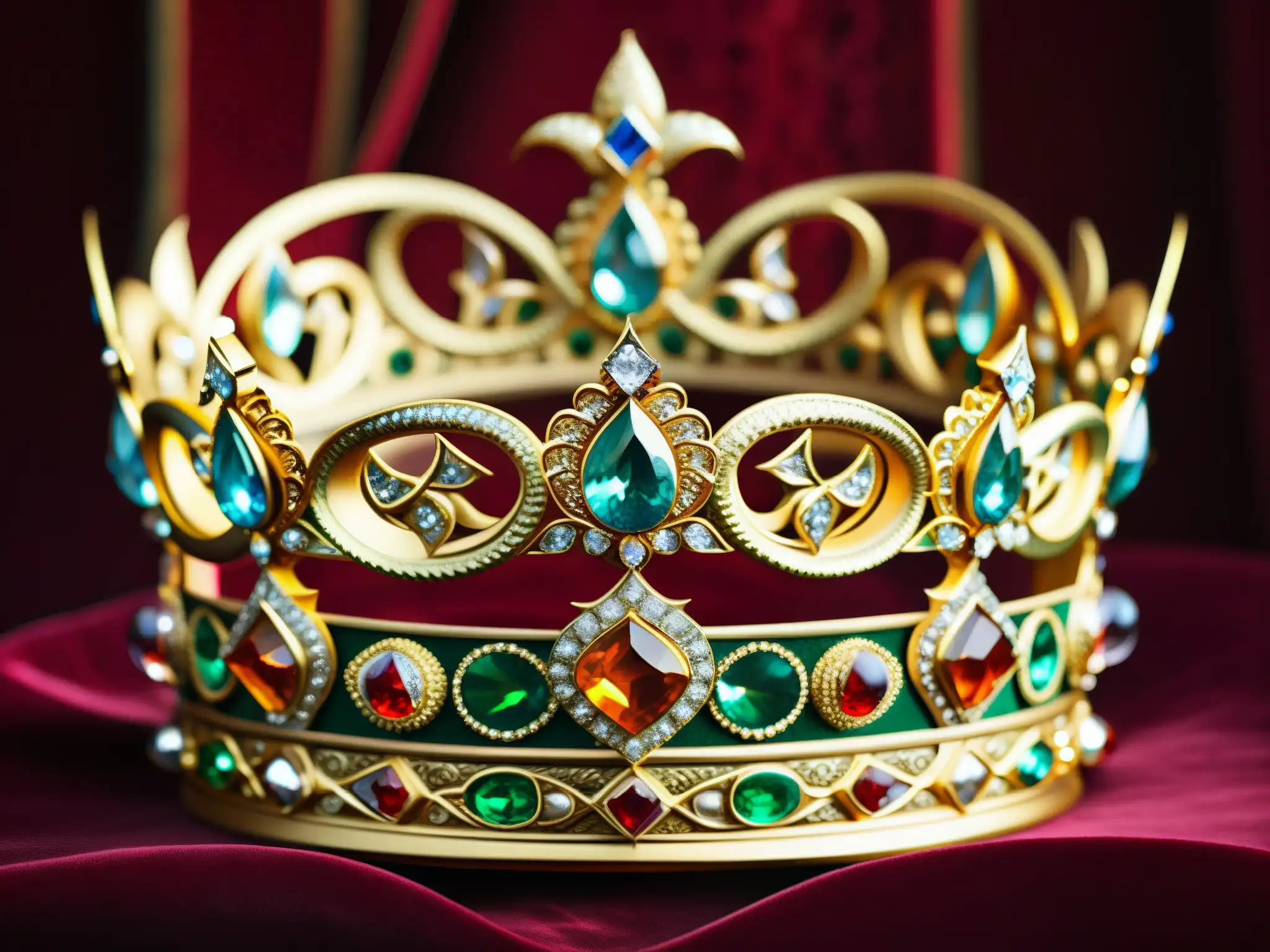 Una corona real adornada con joyas brillantes y detalles intrincados, sobre un fondo de terciopelo