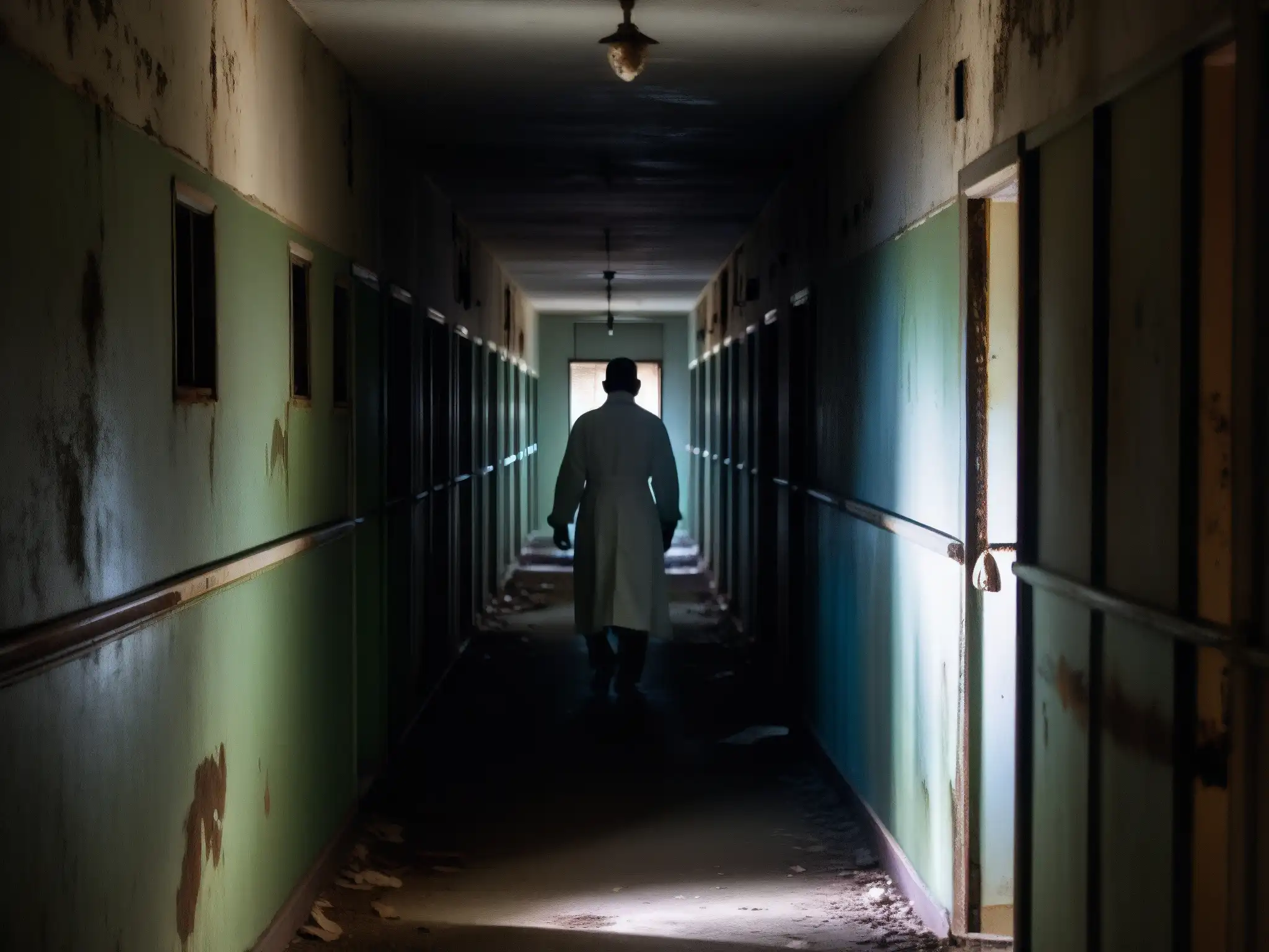 Corredor abandonado de un asilo con camas oxidadas y figuras fantasmales, evocando psicosis inducida por leyendas urbanas