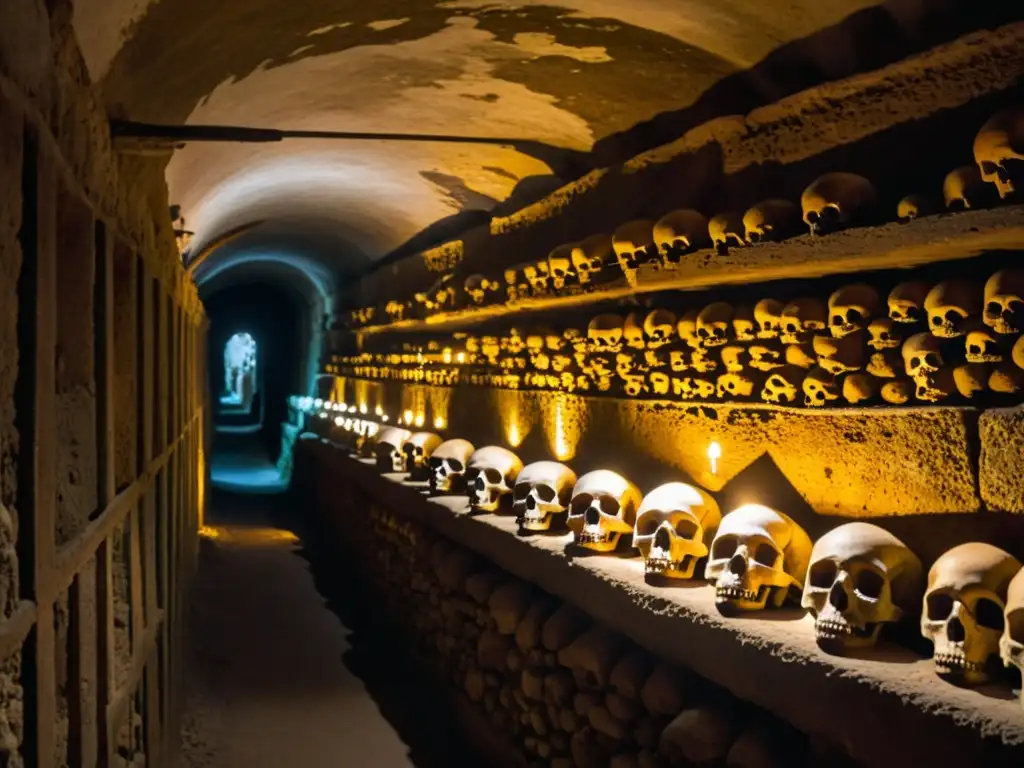 Corredor de las catacumbas de Palermo, con antiguos cráneos y huesos dispuestos en las paredes de piedra