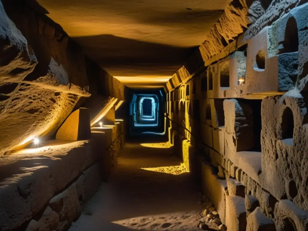 Corredor de catacumbas en Penumbra, muros de piedra antigua, restos momificados, luz de antorchas, atmósfera inquietante
