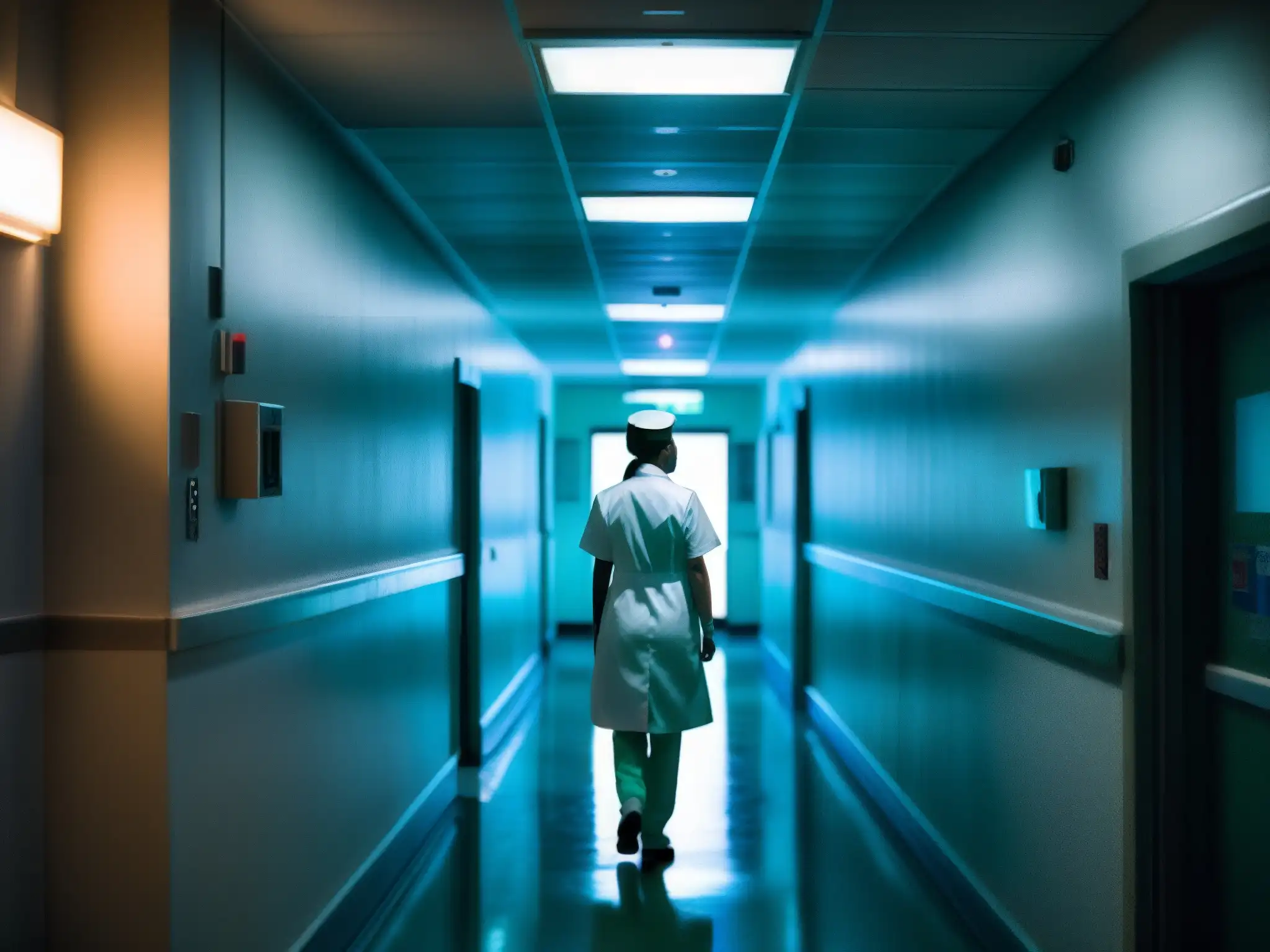 Corredor de hospital lúgubre con luces tenues, figura de enfermera de espaldas