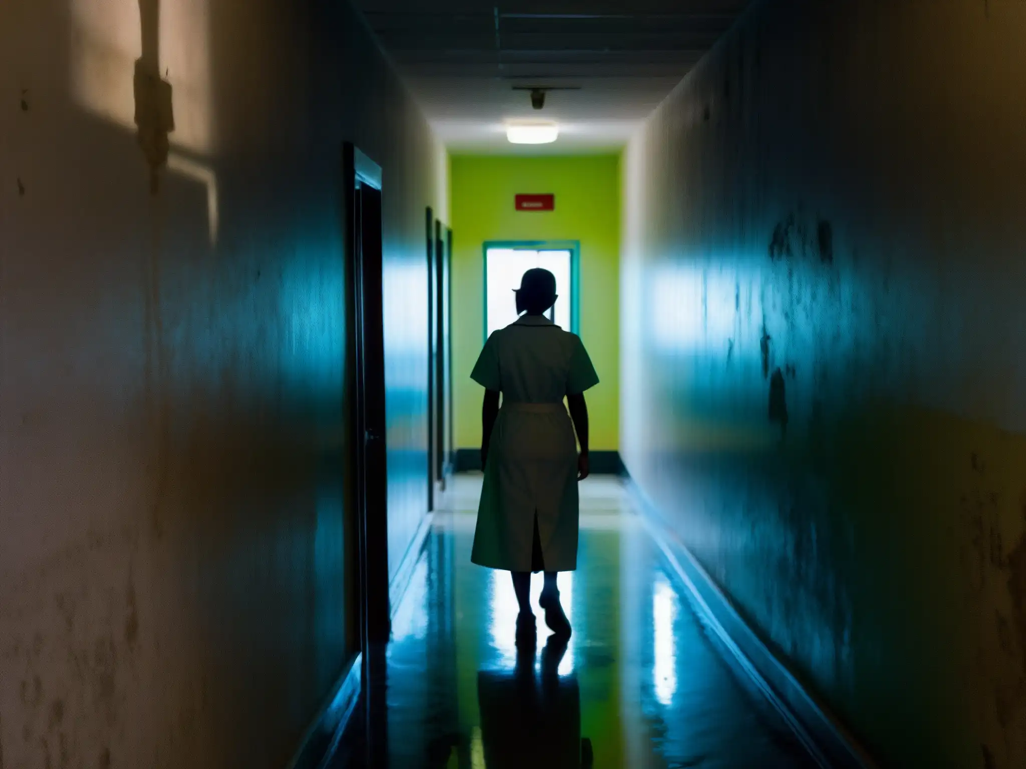 Corredor misterioso del Hospital Juárez, con una enfermera de espaldas y una atmósfera inquietante, evocando la leyenda de La Planchada