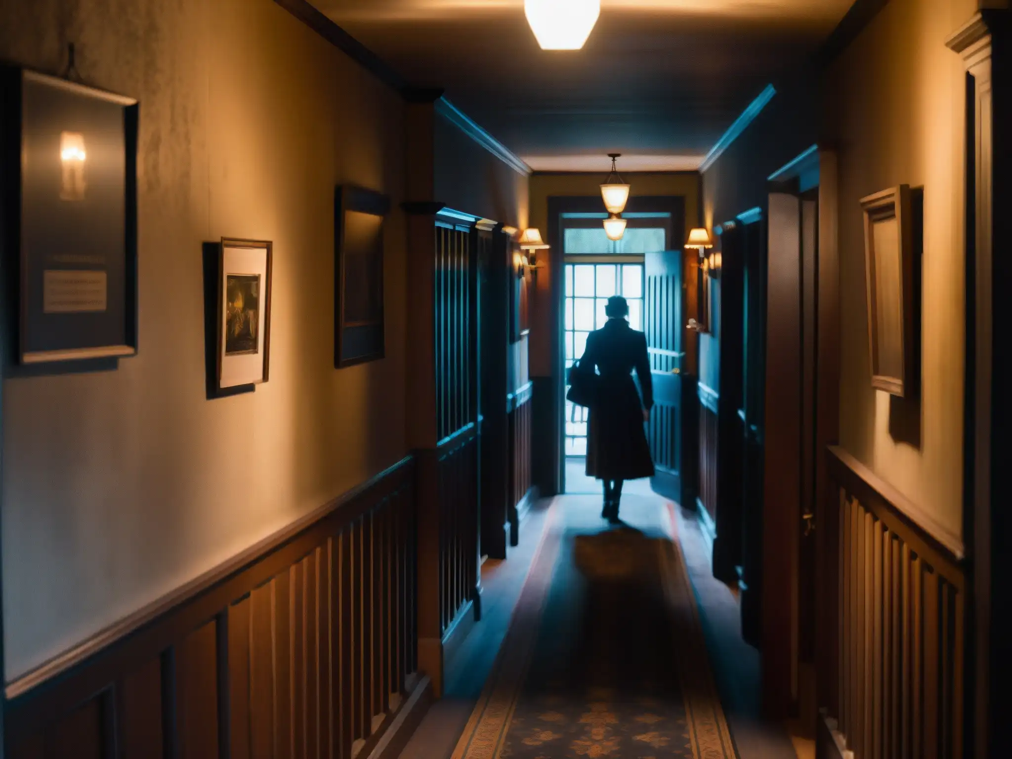 Corredor misterioso de Victoria's Black Swan Inn, con figura oscura, evocando la leyenda figura negra de la posada