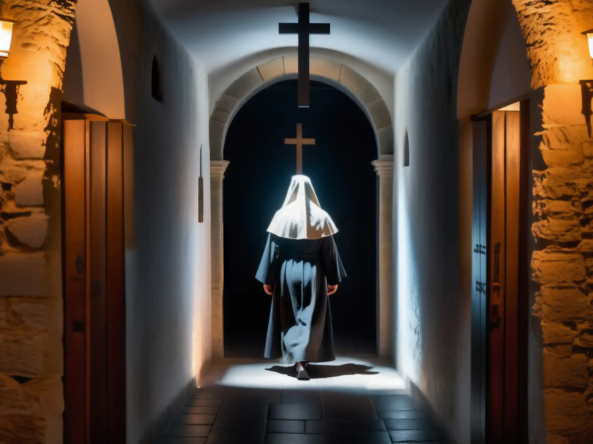 Corredor sombrío de convento con figura fantasmal monja, vela y cruz en puerta de madera