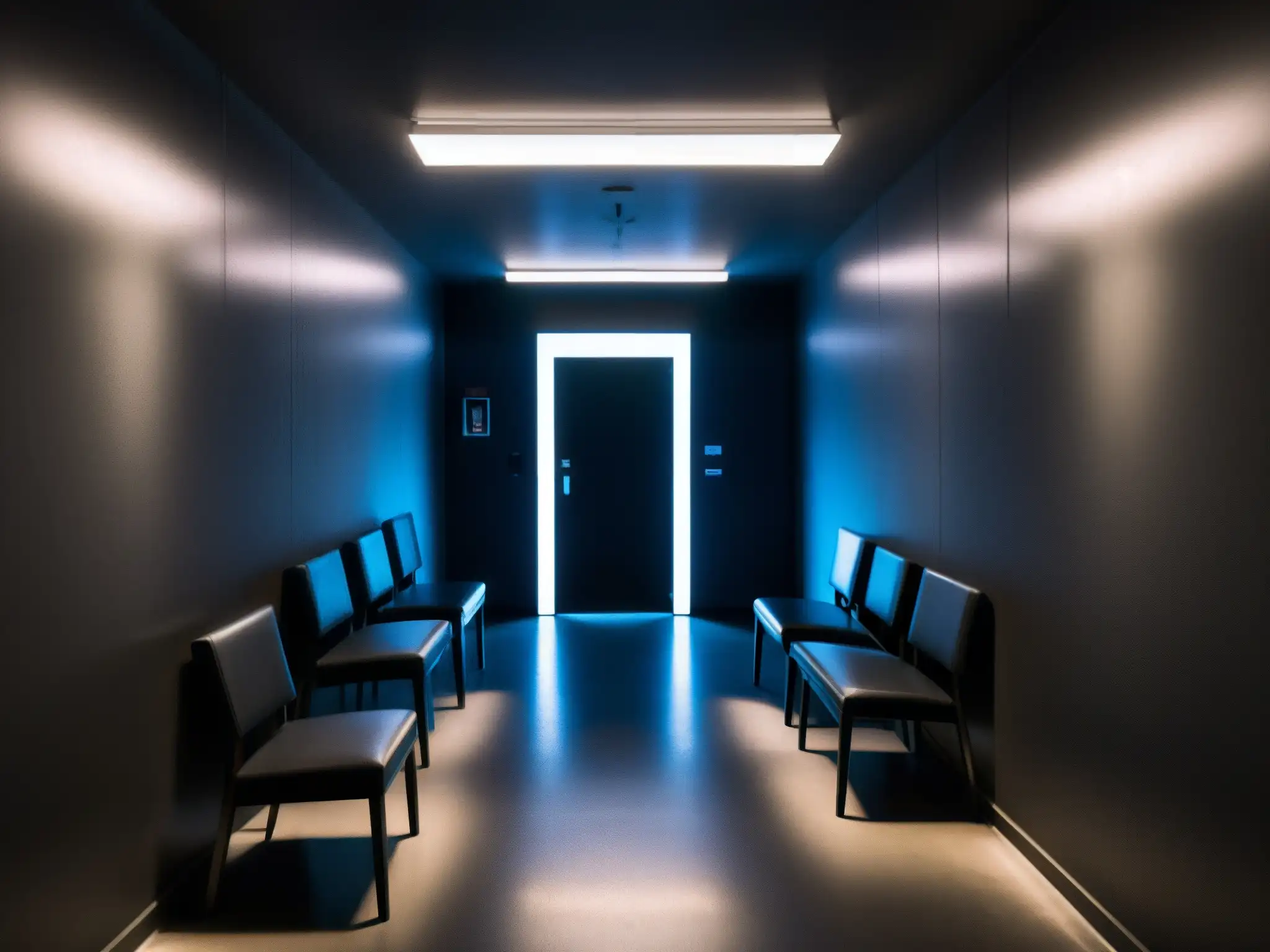 Corredor sombrío con luces fluorescentes parpadeantes, revelando salas de interrogatorio con espejos unidireccionales y equipo de grabación antiguo
