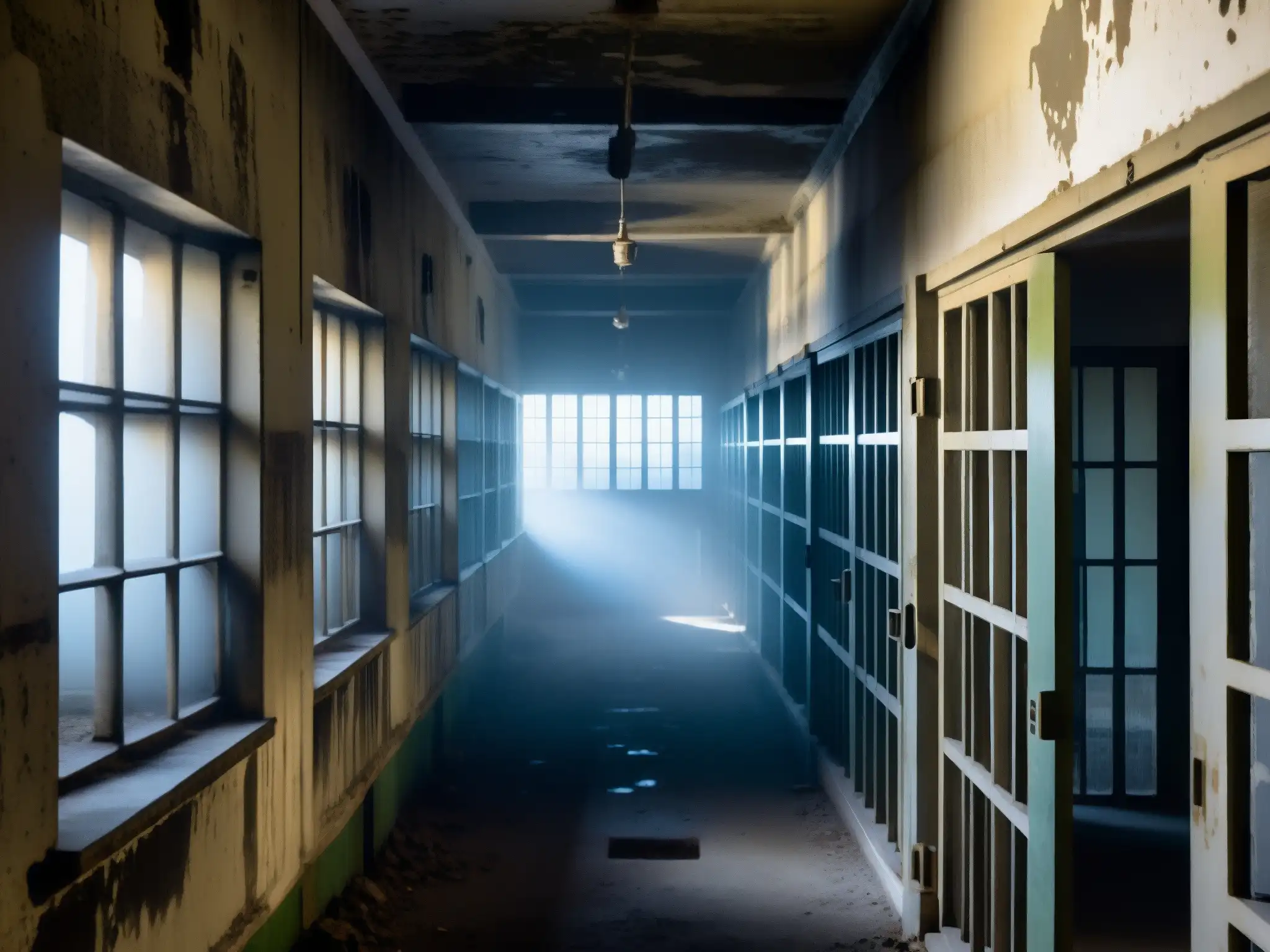 Corredores abandonados de Alcatraz, celdas vacías y sombras fantasmales, evocando leyendas urbanas Alcatraz fantasmas