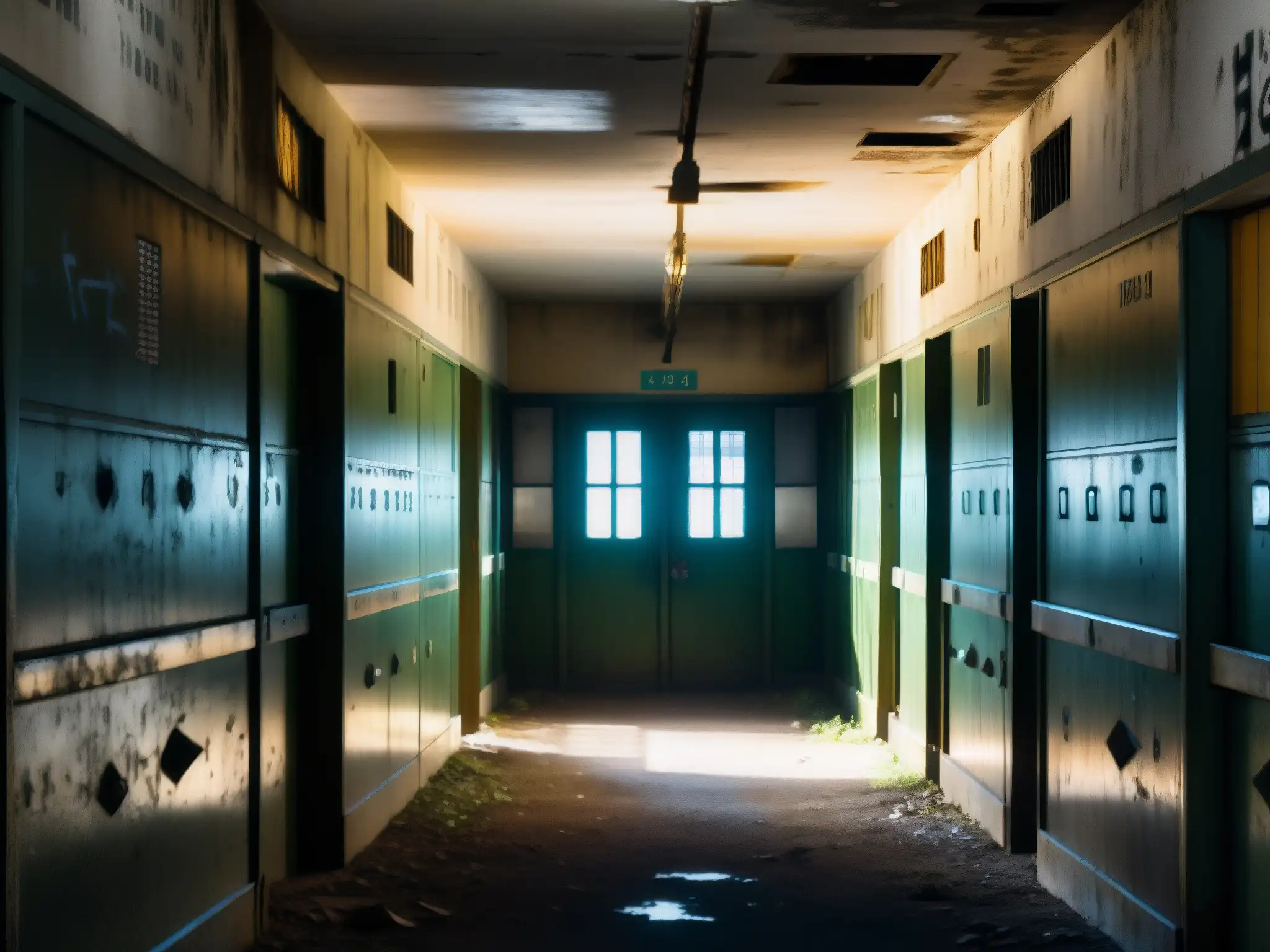 Corredores abandonados de la Prisión Celular, con graffiti desvaído, puertas rotas y luz filtrándose por las ventanas enrejadas