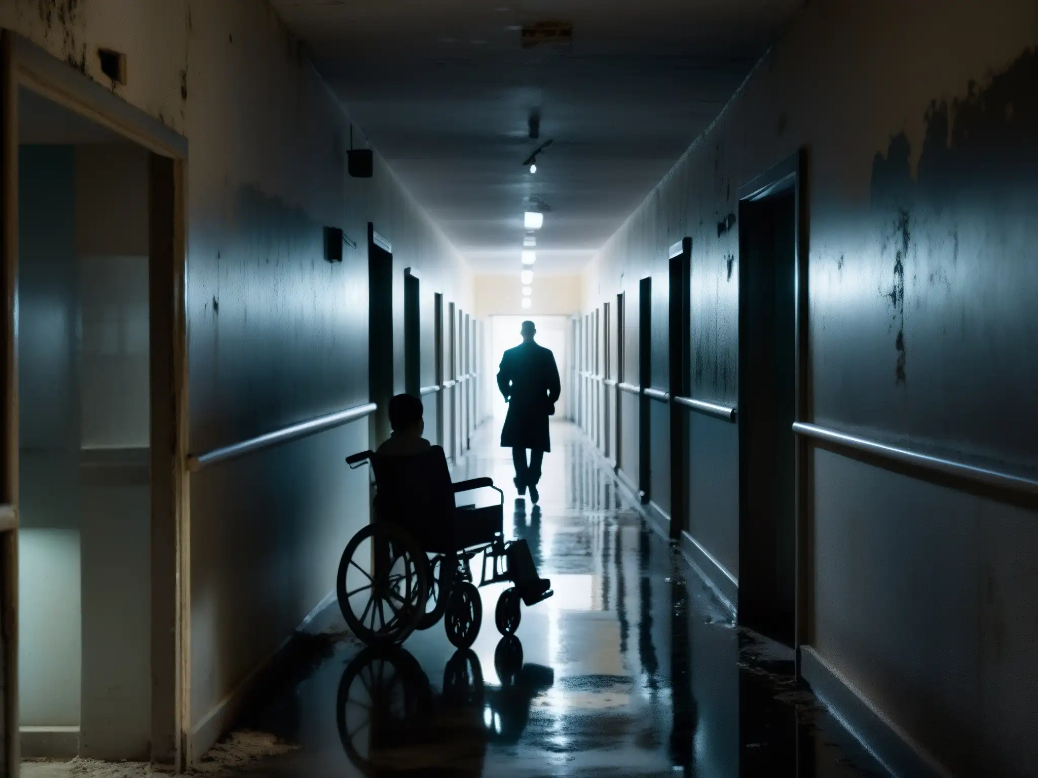 Corredores abandonados del Hospital Juárez La Planchada, con pintura descascarada, luces parpadeantes y una silla de ruedas en la penumbra, evocando misterio y presencia fantasmal