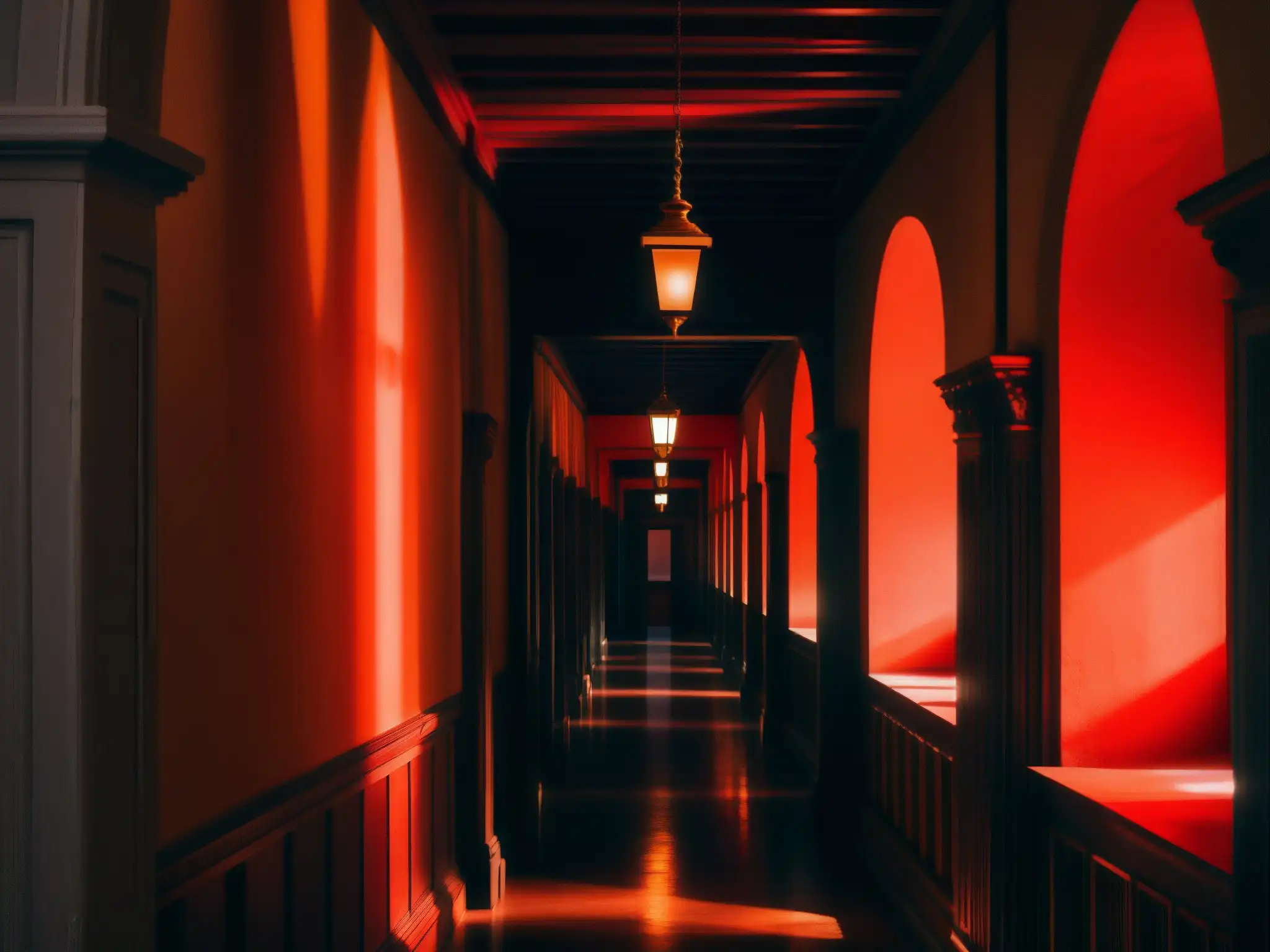 Corredores misteriosos del Palacio de San Francisco con un sutil resplandor rojo, evocando la leyenda de la Dama de Rojo en este histórico lugar