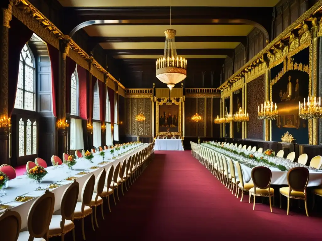 En la corte de Enrique VIII, la sala del banquete rebosa opulencia con nobles, tapices, mesa lujosa y leyendas urbanas