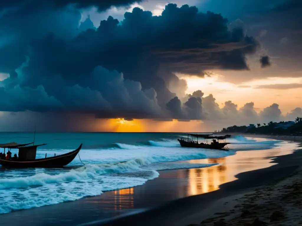 Costa de Abidjan al atardecer con espíritus vengativos, barcos pesqueros y un cielo tormentoso evocando misticismo en Costa Marfil