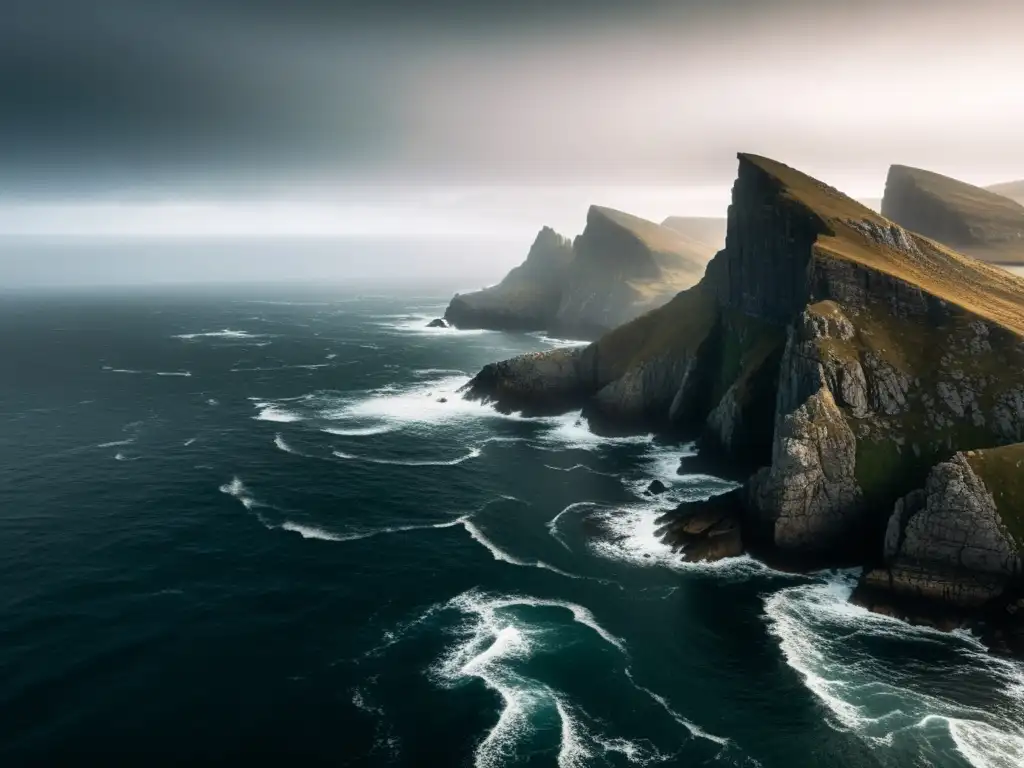 Costa nórdica con apariciones marinas: acantilados, niebla y aguas turbulentas crean una atmósfera misteriosa y sobrenatural